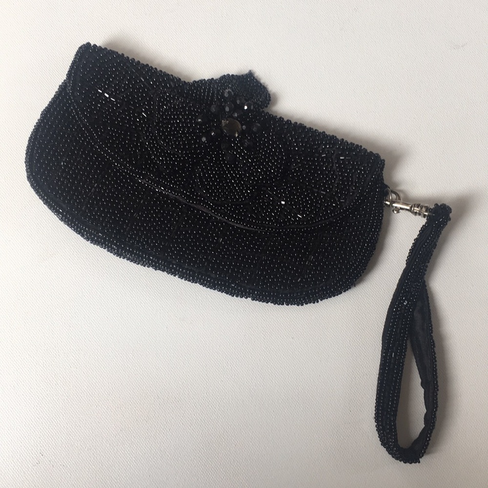 Mini Black Beaded Wristlet Purse with Flower